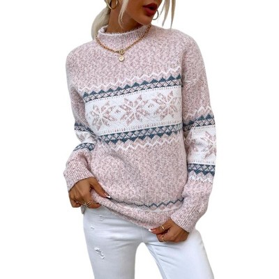 Women's Fair Isle Pattern Mock Neck Sweater - Loose Fit Knit Pullover for Casual Winter Wear
