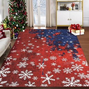 Snowflake Christmas Area Rug, Non Slip Foldable Low Pile Decorative Stain Resistant Carpet for Living Room Bedroom, Red/Blue - 1 of 4