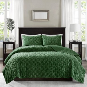 FIONECA 3-Piece Luxe Antimicrobial Velvet Coverlet Set Geometric Quilted Cozy Bedding - 1 of 4