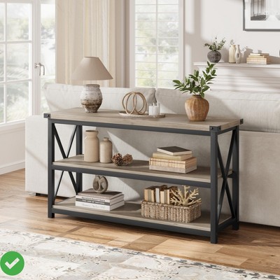 47 Inch Industrial Entryway Table Narrow Long Console Table w/ Storage 3 Tier Wood Sofa Table for Living Room