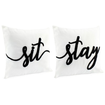 AuldHome Design Throw Pillow Covers: Sit and Stay (16in, Set of 2); White w/ Black Tufted Embroidery