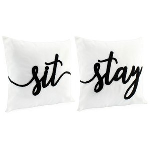 AuldHome Design Throw Pillow Covers: Sit and Stay (16in, Set of 2); White w/ Black Tufted Embroidery - 1 of 4