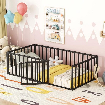 Streamdale Twin Size Metal Floor Bed Frame with Fence and Door, Black