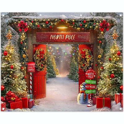 10x8ft Fabric Christmas Backdrop Winter Forest Wooden Barn Door North Pole Snowy Xmas Tree