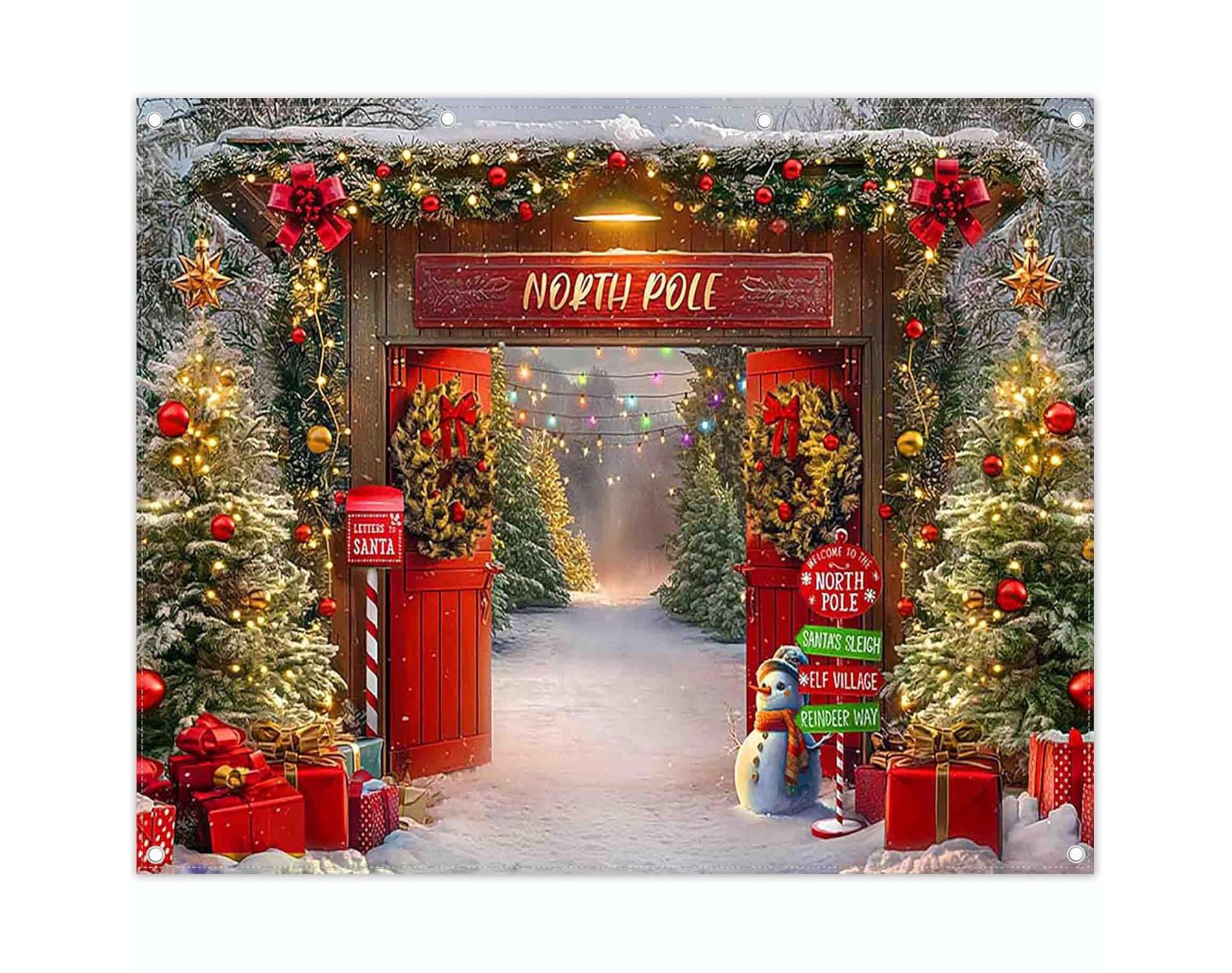 10x8ft Fabric Christmas Backdrop Winter Forest Wooden Barn Door North Pole Snowy Xmas Tree