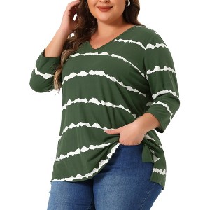 Agnes Orinda Women's Plus Size Tie Dye 3/4 Sleeve Side Slit V Neck Trendy Spring Tops - 1 of 4