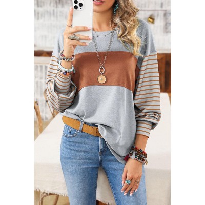 I AM A FASHION JUNKY Gray Colorblock Striped Bishop Sleeve Side Slits Top