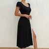 Ribbed Short Sleeve Midi Dress Lace Slit Contrast Trim Fashion Dress for Women - 3 of 4