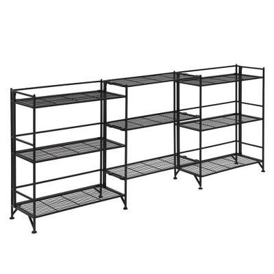 Breighton Home Xtra Storage 3 Tier Wide Folding Metal Shelves with Set of 3 Extension Shelves in Black