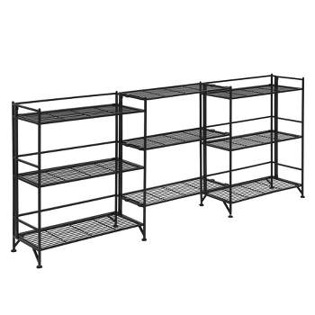 Breighton Home 32.5" Extra Storage 3 Tier Wide Folding Metal Shelves with Set of 3 Extension Shelves Black