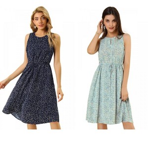 Allegra K Women's Printed Split Neck Drawstring Waist Sleeveless A-Line Floral Midi Dress 2 Packs - 1 of 4