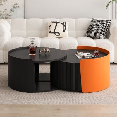 CENGHU Round Nesting Coffee Table with Vertical Stripe Design, Modern Side Table with Extendable Sliding Tabletop, Nightstand for Living Room, Black