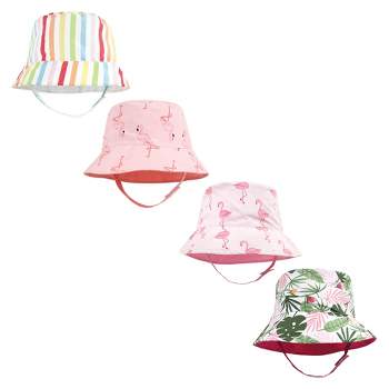 Hudson Baby Infant Girl 4Pc Sun Protection Hat, Flamingo Rainbow Stripe Flamingo Tropical