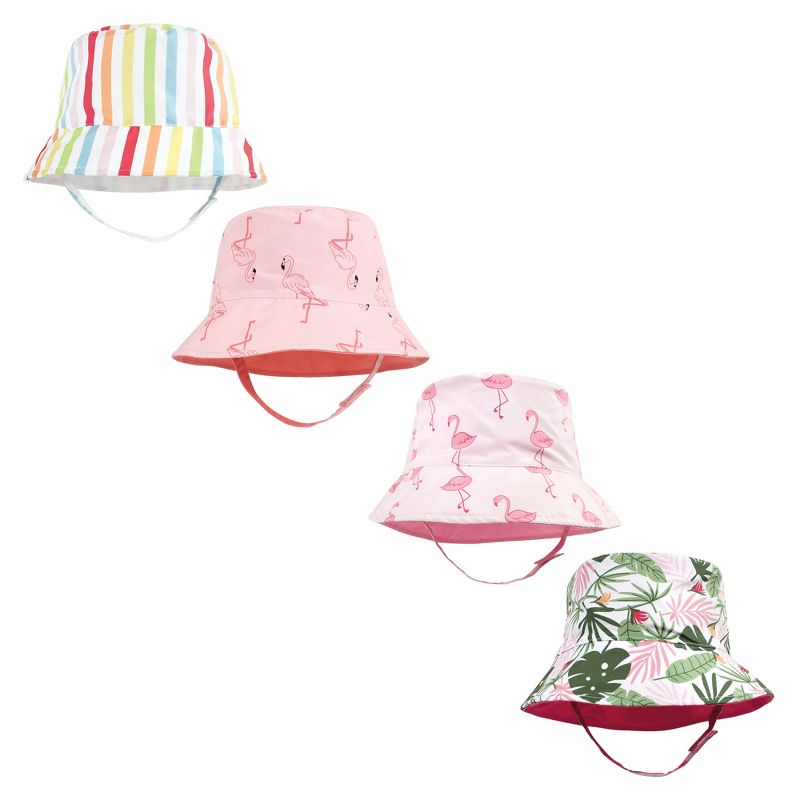 Hudson Baby Infant Girl 4Pc Sun Protection Hat, Flamingo Rainbow Stripe Flamingo Tropical, 1 of 4