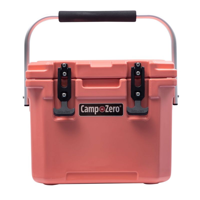 CAMP-ZERO 10 Liter 10.6 Quart Lidded Cooler with 2 Molded In Cup Holders, Folding Aluminum Handle Grip, and Locking System, Coral, 1 of 8