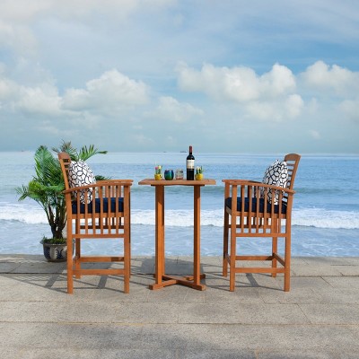 Natural Eucalyptus 3-Piece Bar Height Bistro Set with Navy Cushions