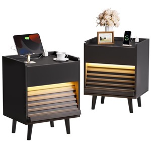 WOWLIVE Wooden Nightstand with 2 Drawers, Modern Bedside Table with Outlets & LED Lights, File Cabinet - 1 of 4