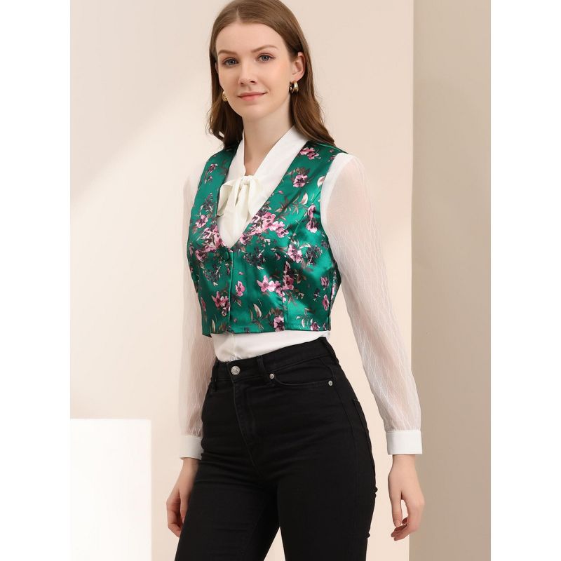 Allegra K Women's Floral Pattern Button Closure Satin Waistcoat Vest, 4 of 6