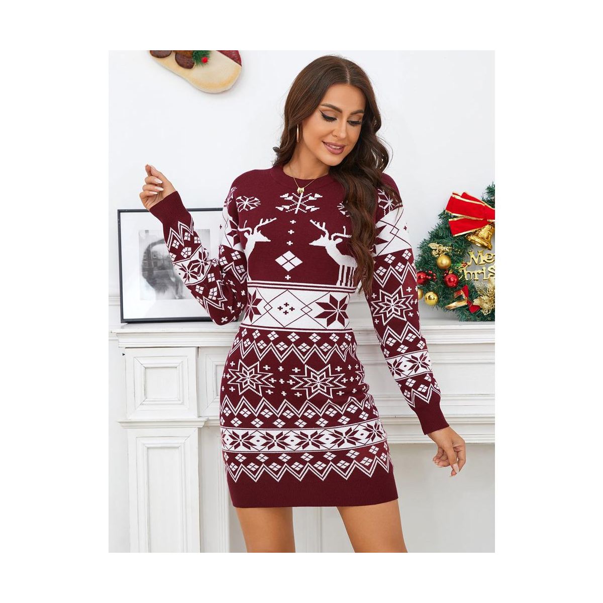 Women's Cute Ugly Christmas Sweater Dress Long Sleeve Crew Neck Pullover Reindeer Snowflakes Printed Holiday Mini Sweater Dress - thumbnail 10