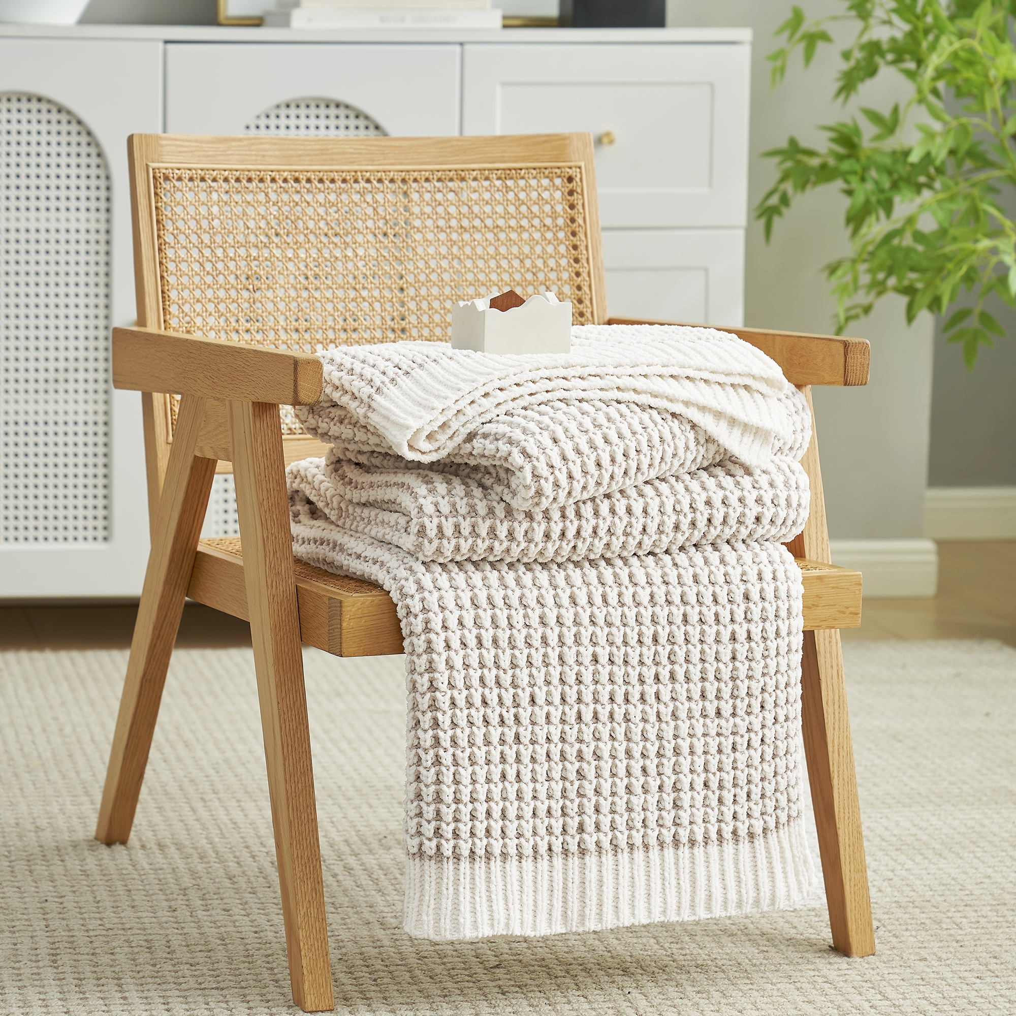 Reversible Chenille Waffle Knit Throw Blanket Soft, Lightweight & Cozy, Beige & Ivory- Amelie Home