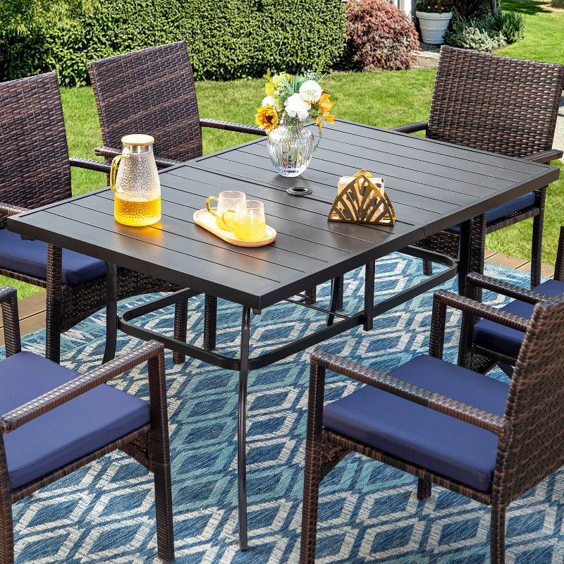 7pc Captiva Designs Patio Dining Set - Black Steel Table, Rattan Wicker Arm Chairs, Weather-Resistant, Indoor/Outdoor Use, 3 of 12