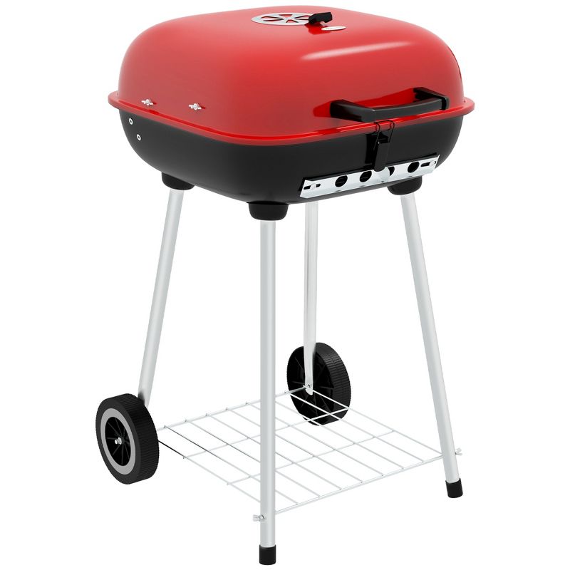 Outsunny Portable Charcoal Grill with Wheels, Bottom Shelf and Adjustable Vents for Picnic, Camping, Backyard Cooking, Red, 1 of 7