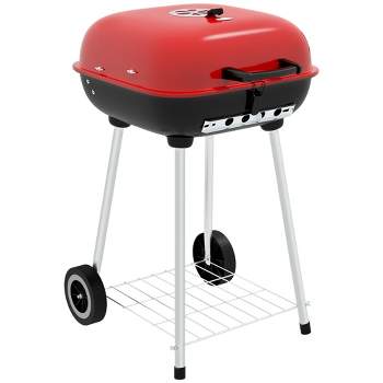 Outsunny Portable Charcoal Grill with Wheels, Bottom Shelf and Adjustable Vents for Picnic, Camping, Backyard Cooking, Red