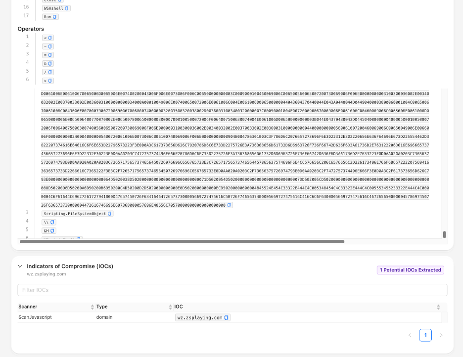 HTML File Analysis Showing Extracted Script Objects and IoCs in the Strelka UI