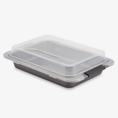 Gray Nonstick Rectangular Cake Pan with Silicone Grips and Lid