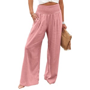 Womens Palazzo Pants Wide Leg High Waist Smocked Harem Pants Loose Fit Lounge Pants Linen Textured Summer Boho Bagyy Yoga Pants - 1 of 4