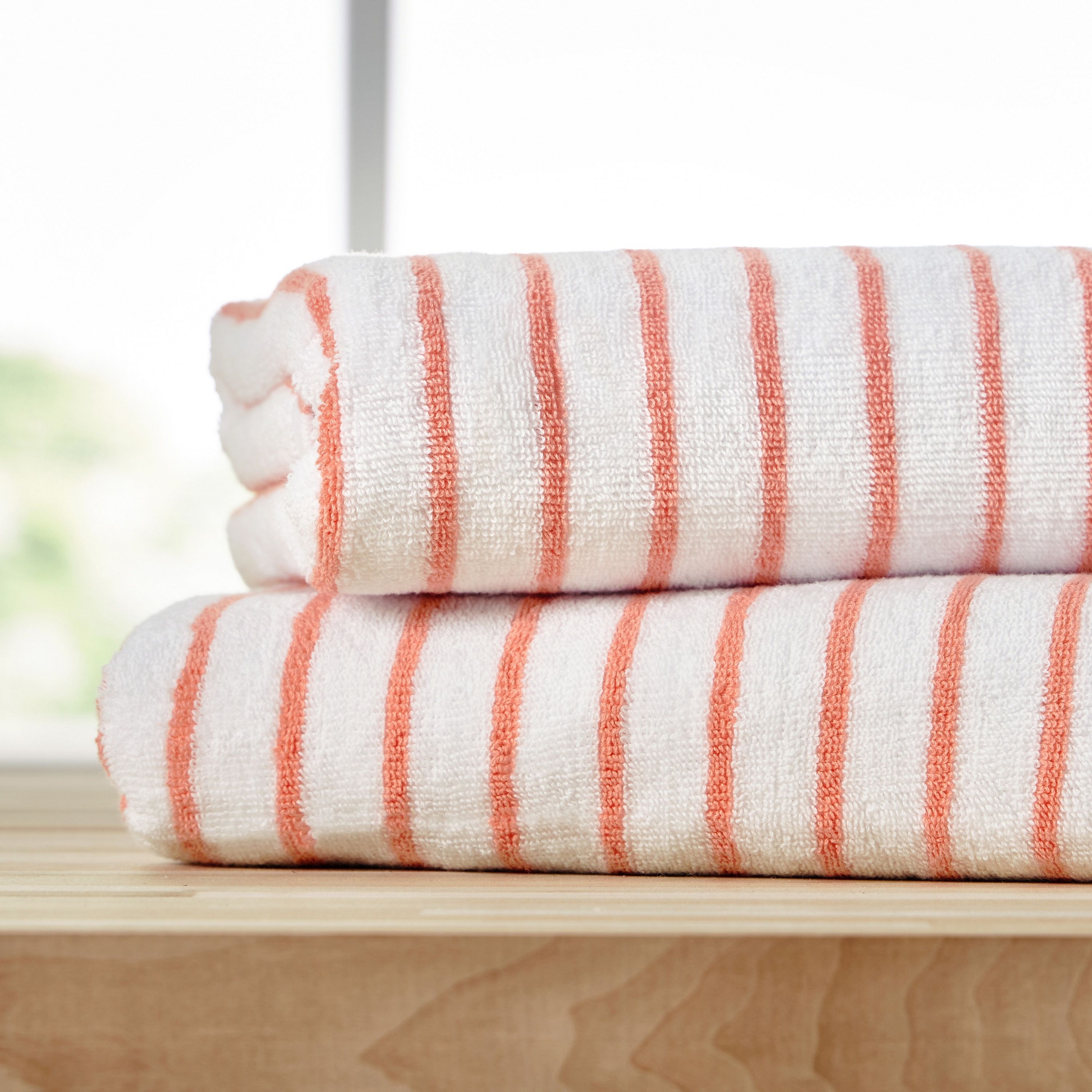 Cabana Stripe 100% Cotton Pool and Beach Towels - Oversized, Absorbent, Quick-Dry Towels - Becky Cameron, Coral, Pack of 2