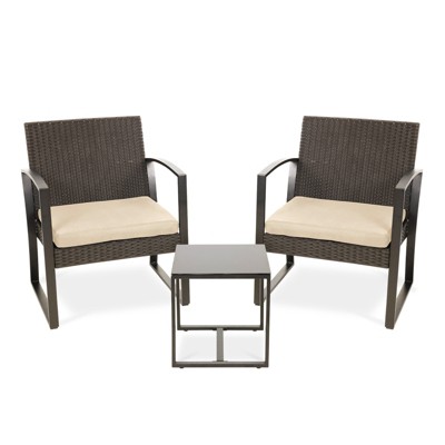Aoodor 3 Pieces Outdoor Patio Wicker Furniture Set, Modern Rattan Chair Conversation Sets with Coffee Table for Balcony, Porch, Garden, Yard