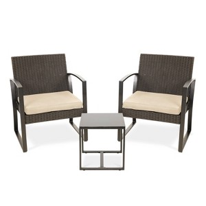 Aoodor 3 Pieces Outdoor Patio Wicker Furniture Set, Modern Rattan Chair Conversation Sets with Coffee Table for Balcony, Porch, Garden, Yard - 1 of 4