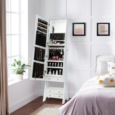 White Vintage Freestanding Full Length LED Mirrored Jewelry Armoire