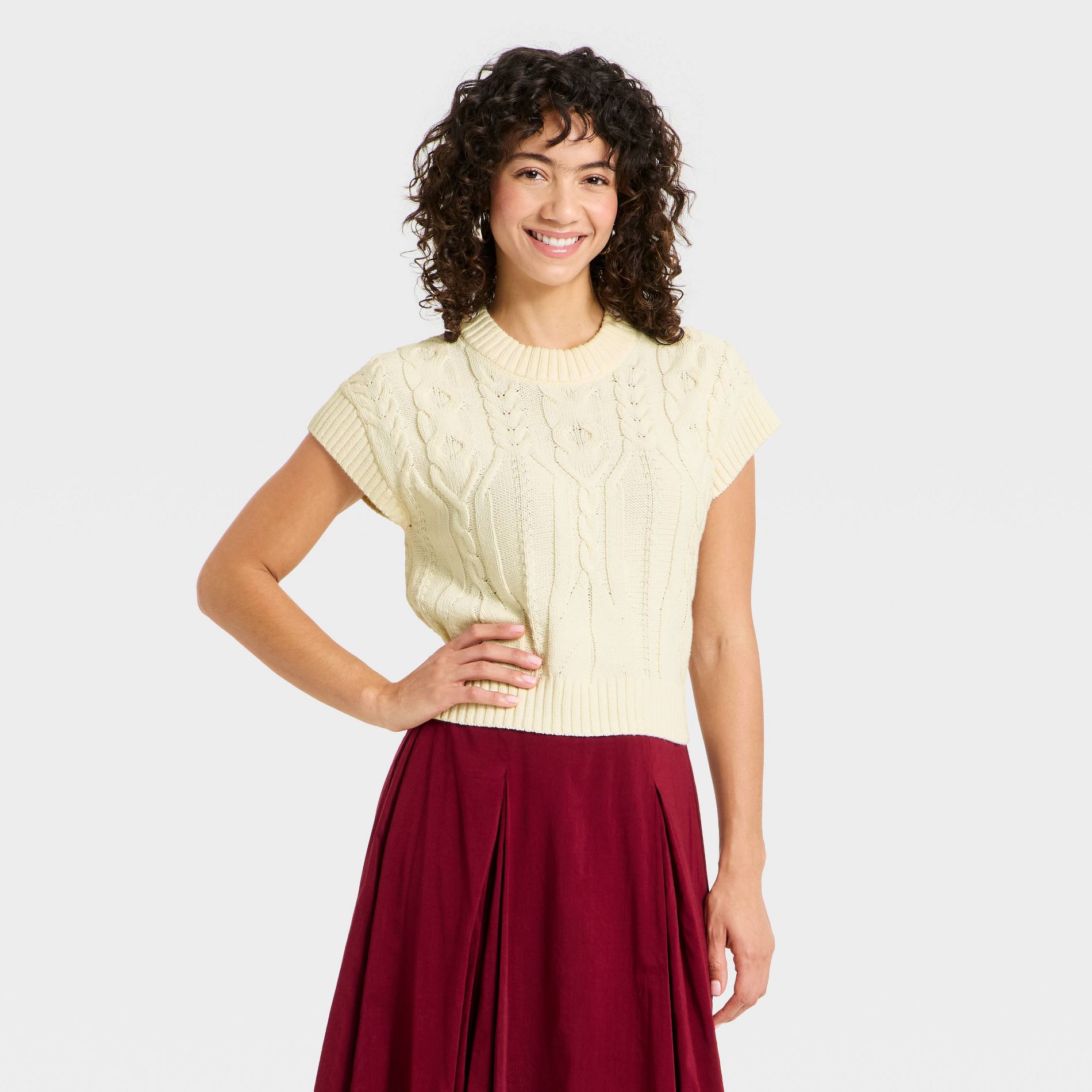 Women's Short Sleeve Crewneck Cable Pullover Sweater - A New Day™