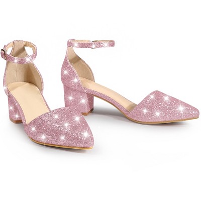 Perphy Women's Glitter Pointed Toe Chunky Heel Dress Pumps