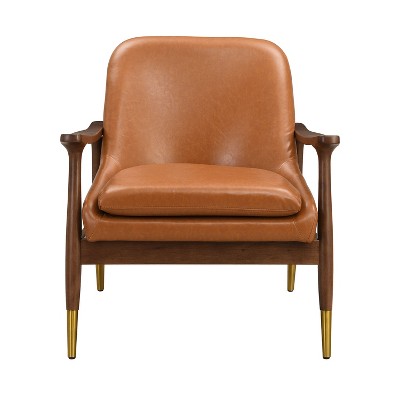 Lirago,Mid-Century Faux Leather Accent Chair with Solid Wood Frame & Brass Tips-Vintage Style for Living Room & Office