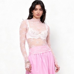 Women’s Floral Lace Slim-Fit Top – Sheer Stretch Tee with Baby Overlock Edge, Versatile Cherie Code - 1 of 4