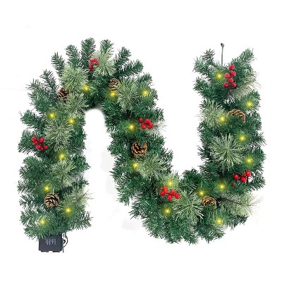 MOVSSOU 6ft Christmas Garland with 40 Light and Pine Cones Berry Clusters