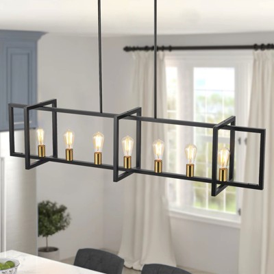 Rennnsan Zorentha 59"W 7-Light Rectangle Industrial Dimmable Kitchen Island Pendant in Black/Brass