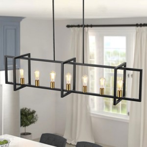 Rennnsan Zorentha 59"W 7-Light Rectangle Industrial Dimmable Kitchen Island Pendant in Black/Brass - 1 of 4