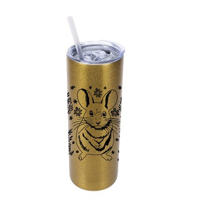 Elanze Designs Chinchilla and Flowers 20 Ounce Double-Walled Stainless Steel Insulated Slim Travel Tumbler with Lid and Straw, Vegas Gold