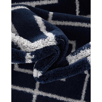 Navy Blue and Silver Geometric Synthetic Rectangular Rug