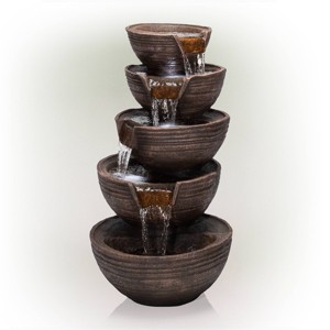 34" Resin Outdoor 5-Tier Modern Bowl Cascading Waterfall Fountain with LED Lights Bronze - Alpine Corporation: Polyresin Garden Decor, 24 LEDs - 1 of 4