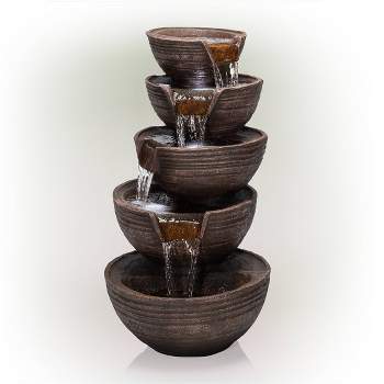 34" Resin Outdoor 5-Tier Modern Bowl Cascading Waterfall Fountain with LED Lights Bronze - Alpine Corporation