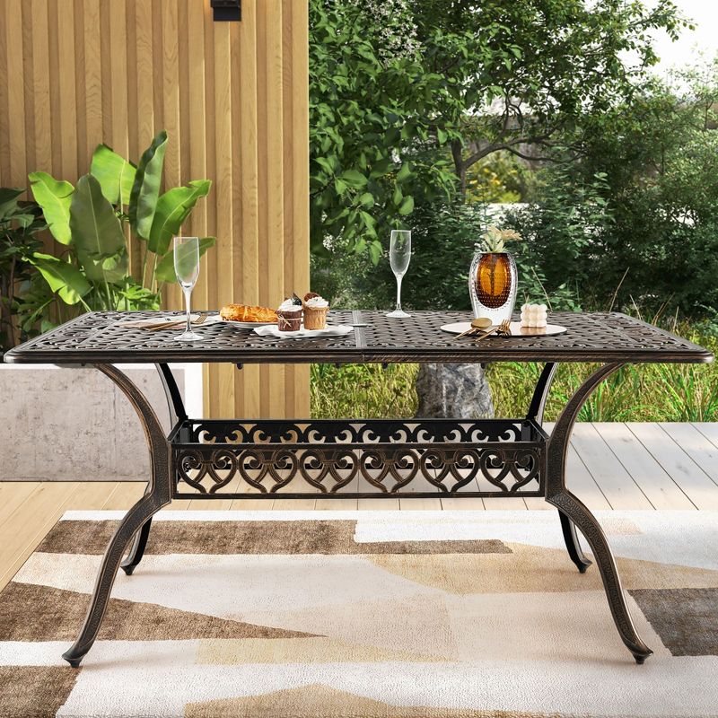 Costway 59'' Outdoor Dining Table All-Weather Cast Aluminum Umbrella Hole 6 Person Bronze, 5 of 11