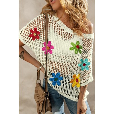 I AM A FASHION JUNKY White Hollowed Crochet Colorful Flower Loose Knit T Shirt