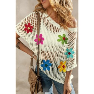 I AM A FASHION JUNKY White Hollowed Crochet Colorful Flower Loose Knit T Shirt - 1 of 4