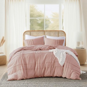 3Pcs Comforter set Pinch Pleat Comforter for All Seasons, Grid Pattern Lightweight Bedding Set, Solid Chic Vintage Style Farmhouse Bed Comforter Sets - 1 of 4