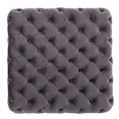 Gray Velvet Tufted Square Ottoman with Button-Tufted Diamond Stitching